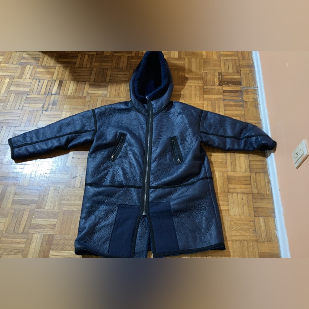 Munthe Blue Faux Leather & Fur Hooded Coat.